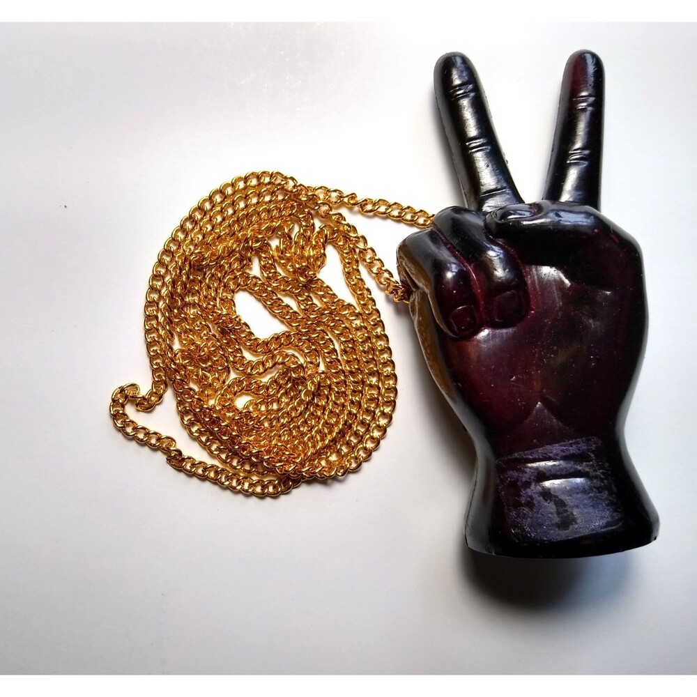 Vintage Style Peace Sign Hand Pendant Necklace Gold Tone Chain Groovy Mod Cool